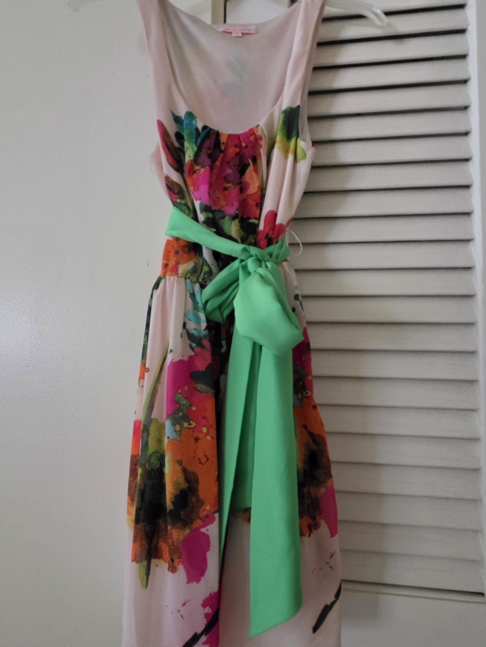 Womens Floral Watercolor Dress with Green Sash